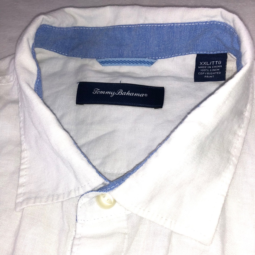 Tommy Bahama Reverse Print Linen Men XXL Button Shirt White Blue Floral Hawaiian - Picture 16 of 16